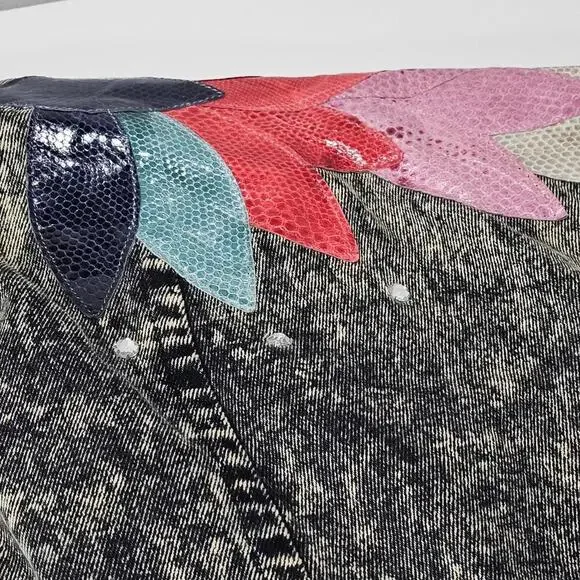 Diamonds Leather Acid Wash Embellished Denim Jean Jacket 1980s USA Size Medium - Picture 6 of 15